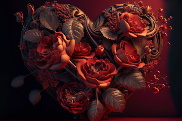 Wonderful heart of red roses and leaves, dark red background, love, St. Valentine's Day, Generative AI