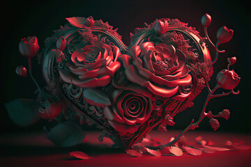 Beautiful ornate heart with red roses and leaves, black background, love, St. Valentine's Day, Generative AI