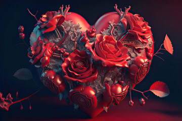 Beautiful red heart with red roses on a black background, St. Valentine's Day, Generative AI