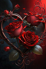Beautiful heart with three red roses on a dark red background, love, St. Valentine's Day, vertical, Generative AI