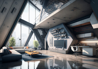 Generative AI luxurious interior design of open space living room.