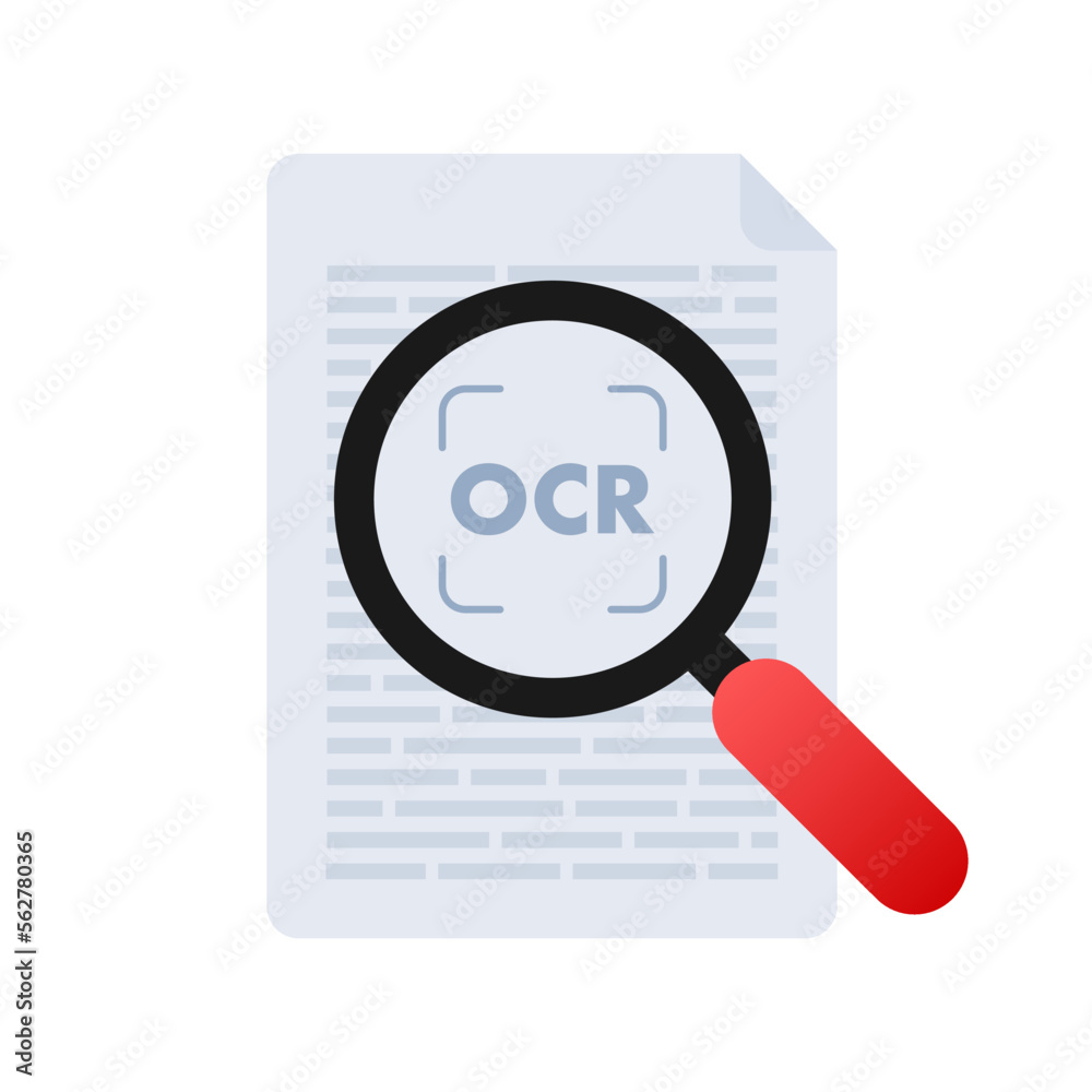 Aufkleber OCR - Optical character recognition. Document scan. Process of recognizing document. Vector stock illustration.