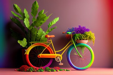 Fototapeta na wymiar bicycle with flowers made with generative ai, 3d illustration, plants, rainbow colors,
