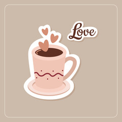 Cute cup of coffee. Valentine's Day sticker. Love. Greeting card, postcard, banner, poster, sticker with declaration of love for February 14. Vector illustration