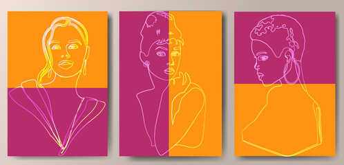  a set of backgrounds with female faces and abstract figures