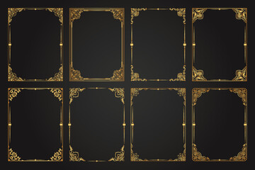 Decorative gold frames. Retro ornamental frame, vintage rectangle ornaments and ornate border. Decorative wedding frames, antique museum image borders. Isolated vector icons set