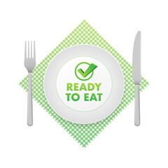 Ready to eat meal sign, label. Precooked food. Vector stock illustration