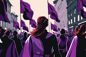 Generative AI illustration crowd of women from behind demonstrating, holding purple flags, background on the street
