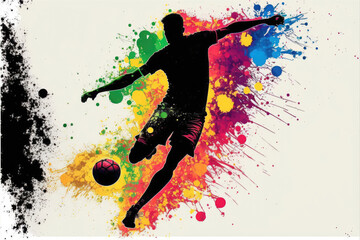 Generative AI 👁️soccer ball, soccer field🏎️🎛️💛💚💙🇺🇲3️⃣ colorful silhouette with player in black contrast