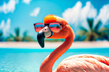 flamingo in glasses on the beach in summer - obrazy, fototapety, plakaty