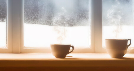 cup of tea with steam in front of a frosty winter window landscape