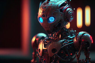 Sad Little Robot: A Close-Up with Bokeh Background of a Futuristic Robotic Android Character