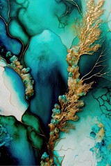 Alcohol ink painting, cyan abstract, pastel tones with golden cracks, AI assisted finalized in Photoshop by me 
