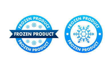 Blue frozen product and snowflake icon, label. Fresh frozen. Food logo. Vector stock illustration.