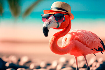 flamingo in sunglasses and hat on the beach sand in the summer sun - obrazy, fototapety, plakaty