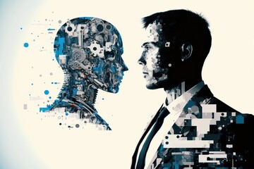 A black and white image of a business man looking at an AI head, generative ai