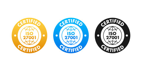 ISO 27001 Certified badge, icon. Certification stamp. Flat design vector illustration. - obrazy, fototapety, plakaty