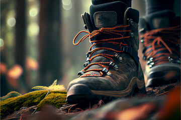Hiking boots outdoors in fall autumn background.