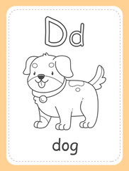 Alphabet coloring book card for children with the letter D and a dog. Educational card for kids. The word dog, the English alphabet. Vector illustration.