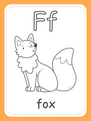 Alphabet coloring book card for children with the letter F and fox. Educational card for kids. The word fox, the English alphabet. Vector illustration.