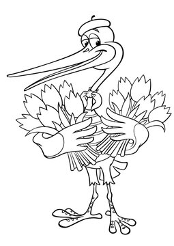 Vector outline image of a cartoon character, isolated on white. Cartoon stork in the image of a French mime. Cute cartoon stork with a bouquet of flowers.
