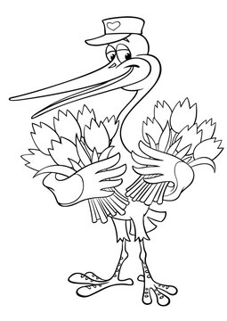 Cartoon stork-postman with bouquets of tulips. Vector outline image of a cartoon character, isolated on white. A cute stork in a postman's cap gives bouquets of scarlet tulips.