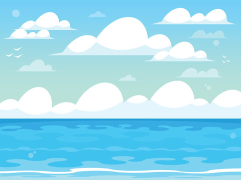 Sea landscape with clouds in blue sky. Coastal ocean. Seascape. Vector graphics