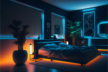 Modern bedroom interior with neon lights glowing ambient in the evening. Luxurious stylish apartment interior. Smart home concept with neon light colours.