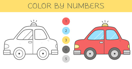 Color by numbers coloring book for kids with a car. Coloring page with cute cartoon car with an example for coloring. Monochrome and color versions. Vector illustration.