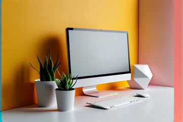 Fototapeta premium interior with computer abstract geometric shapes made with generative ai, 3d, illustration, plant