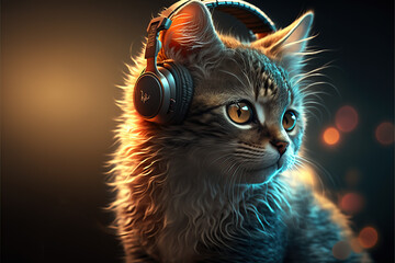 A cat with headphones, listening music, AI