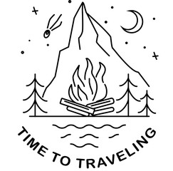 Time to travel: mountains, forest, campfire and space.