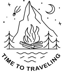 Time to travel: mountains, forest, campfire and space.