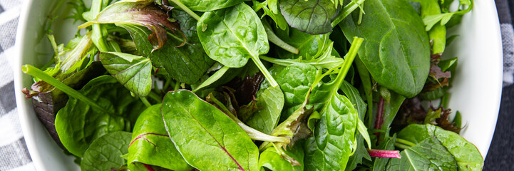 Healthy green salad leaves mix micro green, juicy snack food on the table copy space food background rustic top view