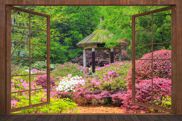open wooden window with a view of the Japanese garden