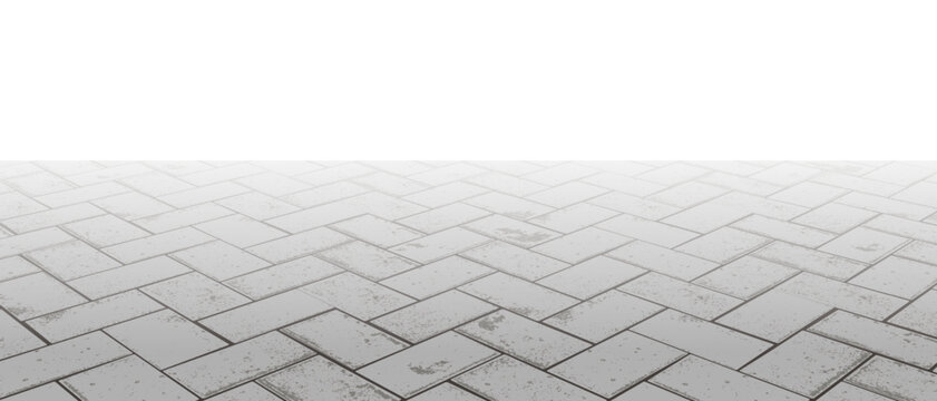 Vanishing perspective concrete herringbone block pavement vector background with texture. Tile floor surface. City street road or walkway with grid stone pattern. Patio exterior. Panoramic landscape