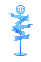 Travelers Global Signpost. Road signpost with directional pointers in form of human hands are randomly arranged to different directions. 3D-rendering graphics isolated on transparent background.