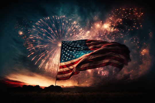 american flag waving with fireworks in the background made by generative ai