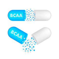BCAA - Branched chain amino acid capsule. Bcaa supplement. Sports nutrition. Vector stock illustration.