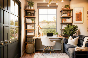 a cozy farmhouse style home office with a floor to ceiling bookshelf and warm lighting, boho neutral tones, AI assisted finalized in Photoshop by me 
