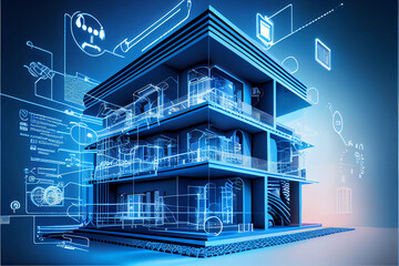 Modern smart home, against the background high-rise buildings. Development architecture computer systems of smart building. Hologram of the smart home is isolated on blue background, Generated ai