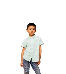 Cute little boy in casual outfit on background