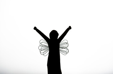 Fototapeta na wymiar Silhouette of angel on white background with free space around to edit personal text