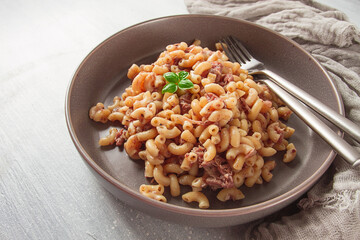 Pasta with stewed meat, pasta in the navy, horns, homemade, no people,
