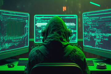 Dangerous Hooded Hacker Breaks into Government Data Servers and Infects Their System with a Virus. His Hideout Place has Dark Atmosphere, Multiple Displays, Cables Everywhere, Generated ai