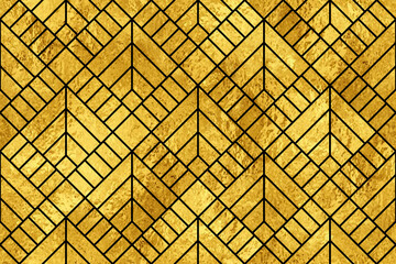 Gold stained glass window. Seamless yellow pattern for modern design luxury interior. Art Deco abstract stained-glass background. Golden architectural decor. Transparency. Pattern for wrapping.