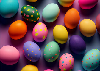 Fototapeta na wymiar Many decorated Easter eggs as background, top view. AI Generated