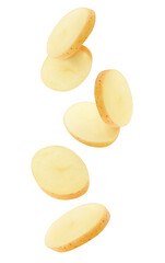 Unpeeled washed potato chips falling down, cut out