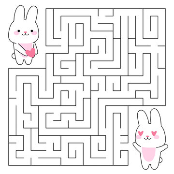 Maze game for kids. Cute rabbit with heart looking for a way to the lover. Bunny is a symbol of the year 2023. Printable worksheet.
