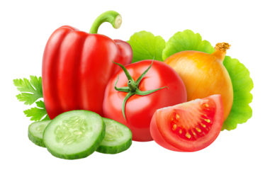 Fresh salad vegetables (tomato, bell pepper, onion, cucumber, lettuce) cut out
